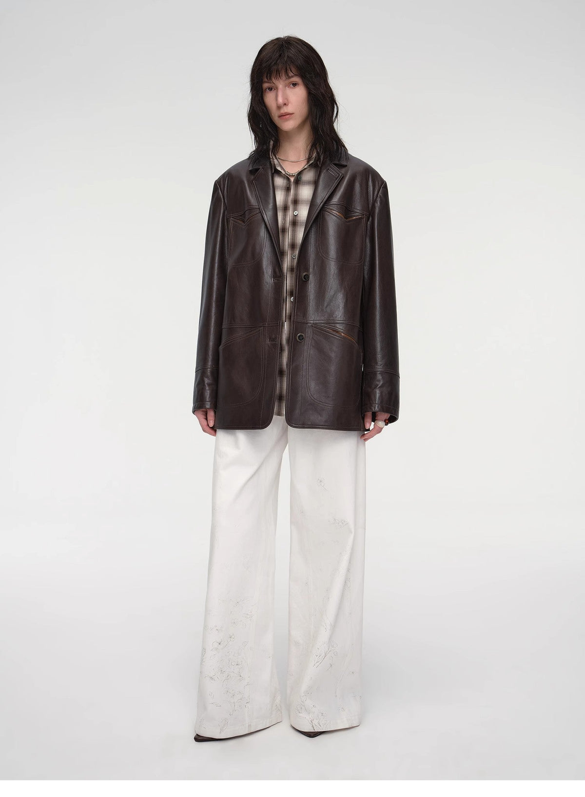 "Windsor Past" Wide-Shoulder Multi-Pocket Waxed Leather Suit Jacket