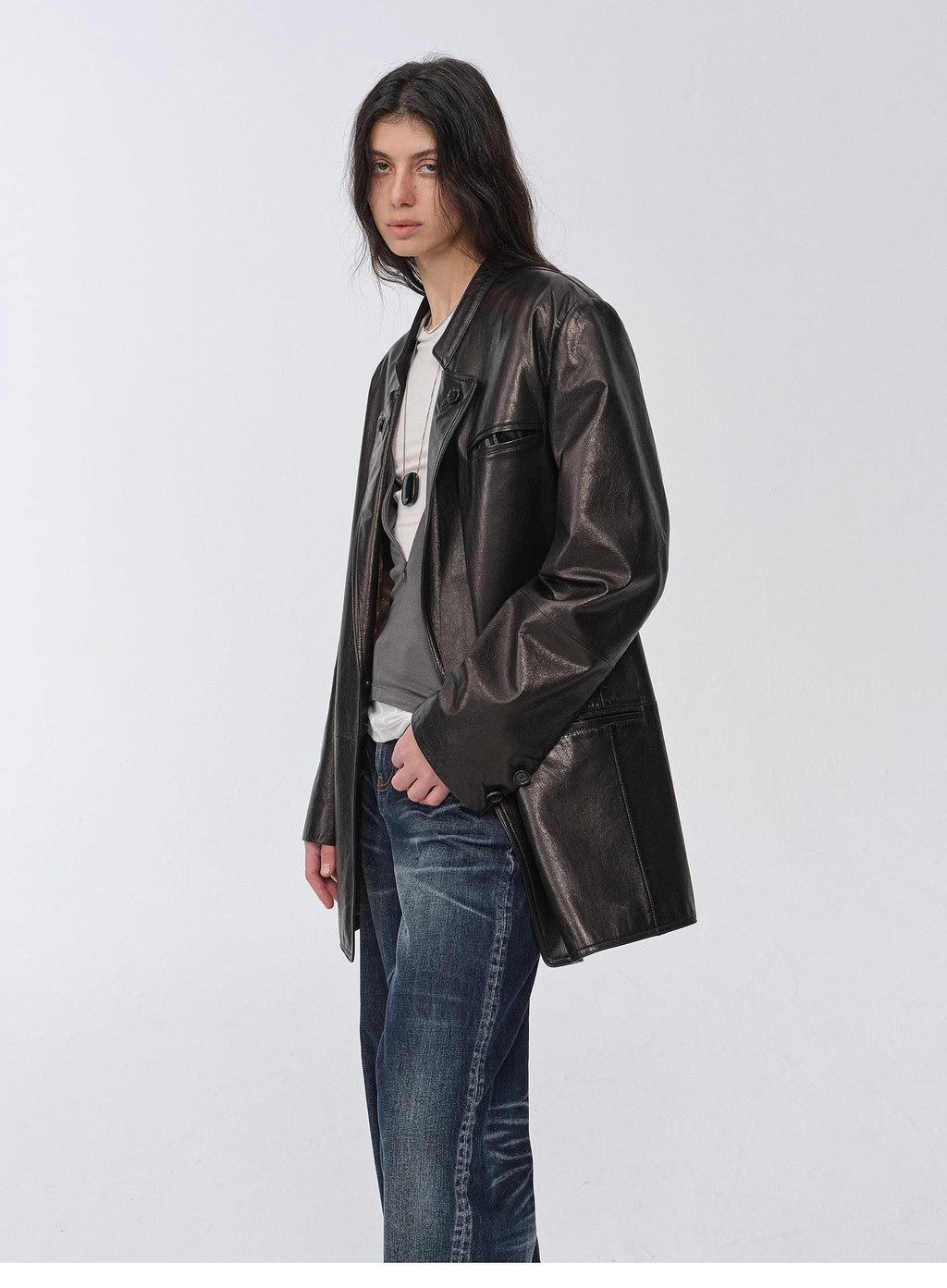 "Bavaria" Vintage Suede & Waxed Goatskin Leather Blazer - Black-Short