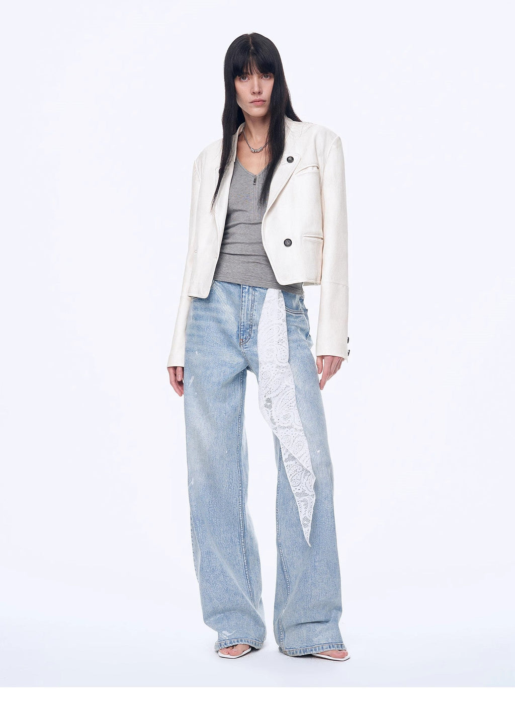 “Art Journey” Distressed Dirty-Dyed Tencel Cotton Jeans with Hot-Fixed Sequins