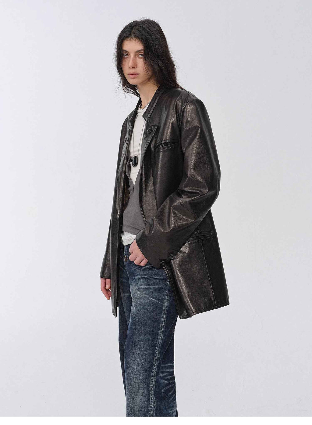 "Bavaria" Vintage Suede and Waxed Goatskin Leather Mid-Length Suit Jacket
