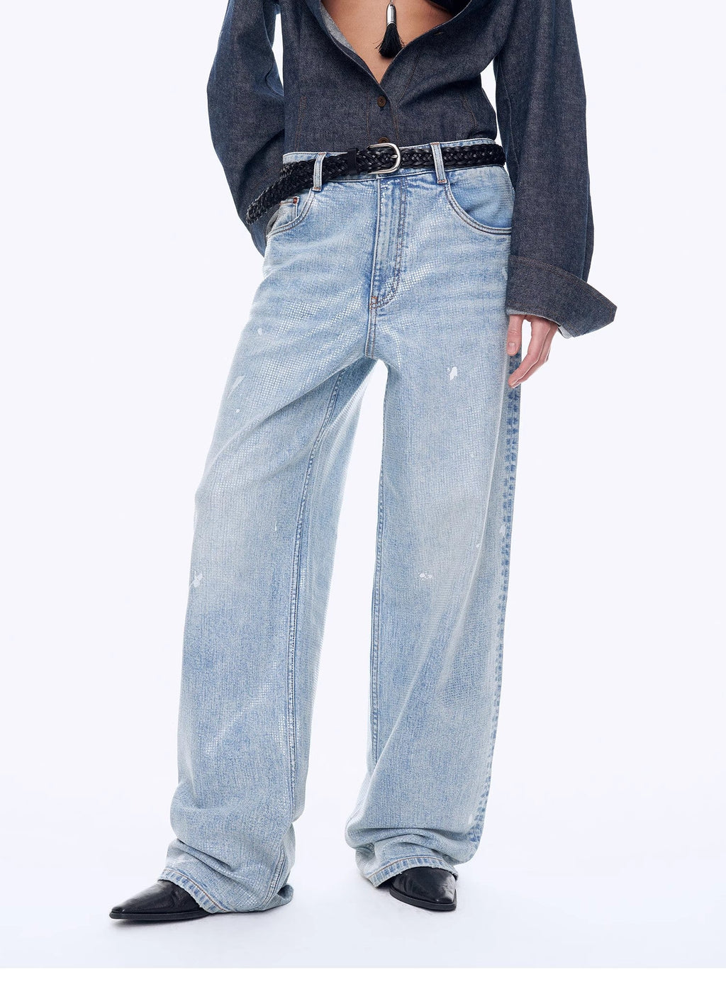 “Art Journey” Distressed Dirty-Dyed Tencel Cotton Jeans with Hot-Fixed Sequins