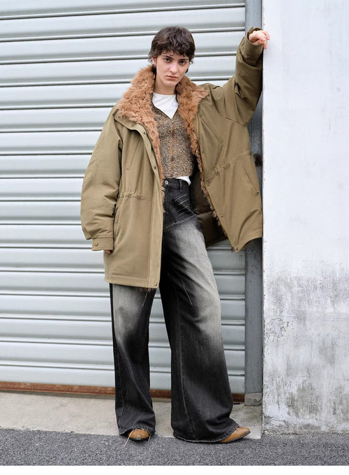 "Amber Pine Forest" olive mid-length goose down parka with curly shearling collar, street style