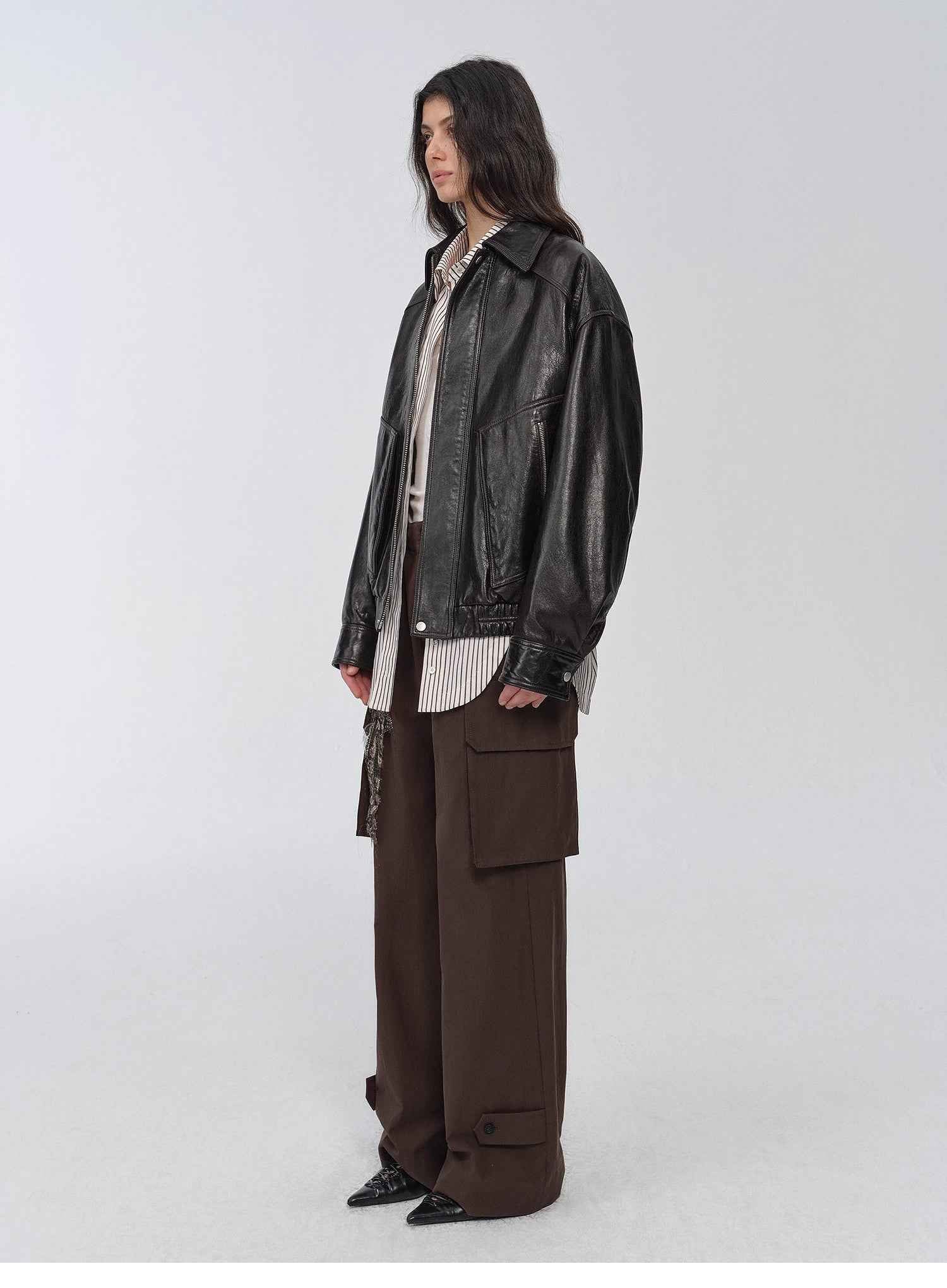 New York International Student Imported Waxed Leather Bomber Jacket