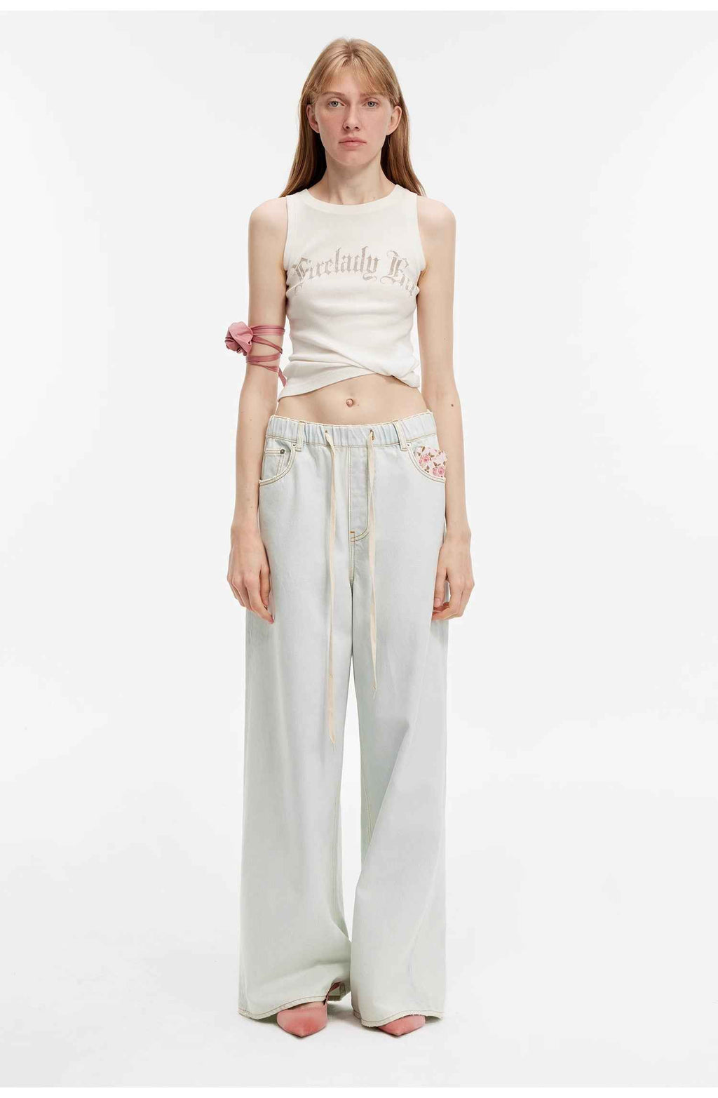 "Mint Whisper" Washed Wide-Leg Jeans with Adjustable Drawstring Waist