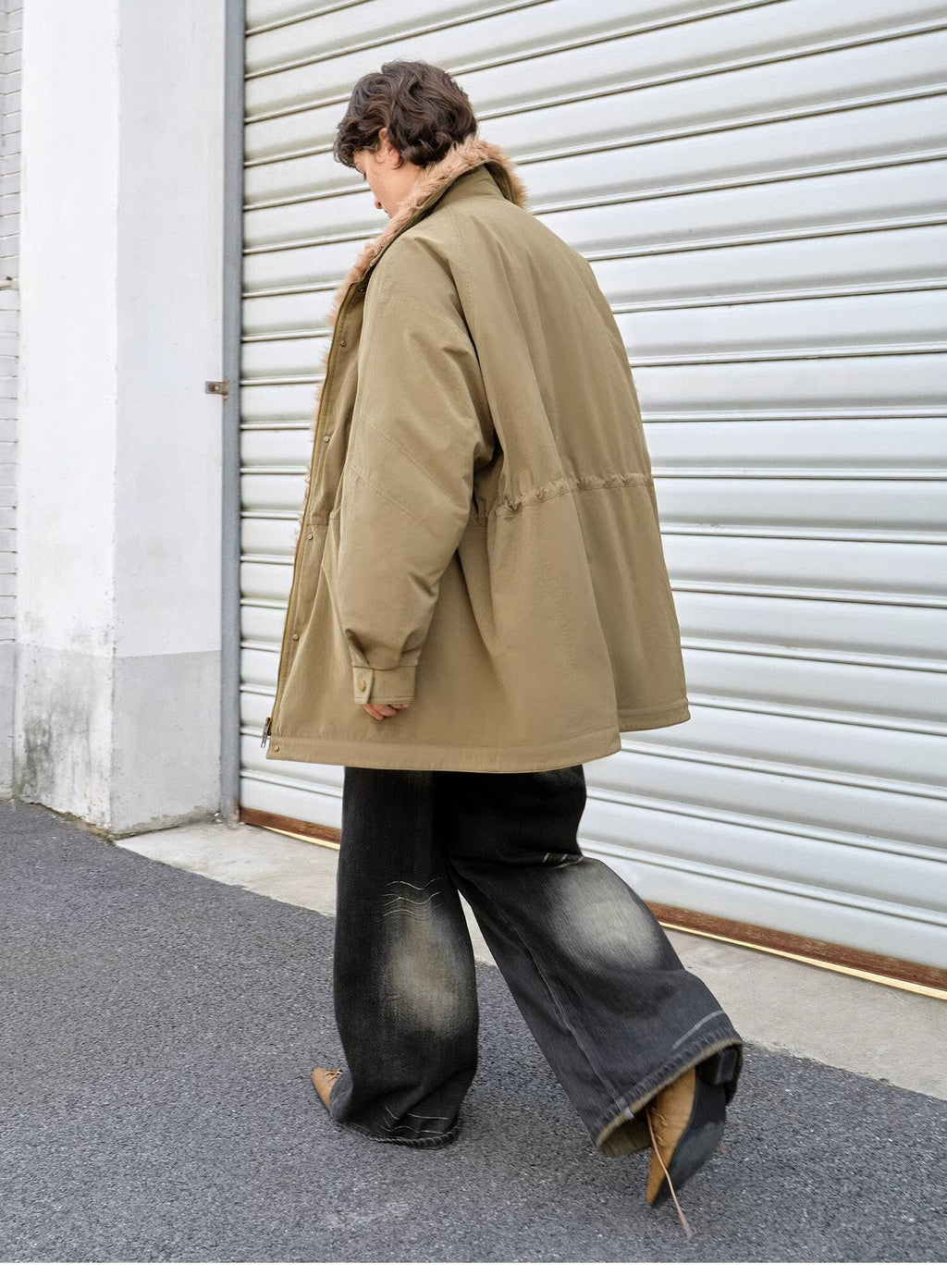"Amber Pine Forest" Curly Collar 90% Goose Down Mid-Length Parka