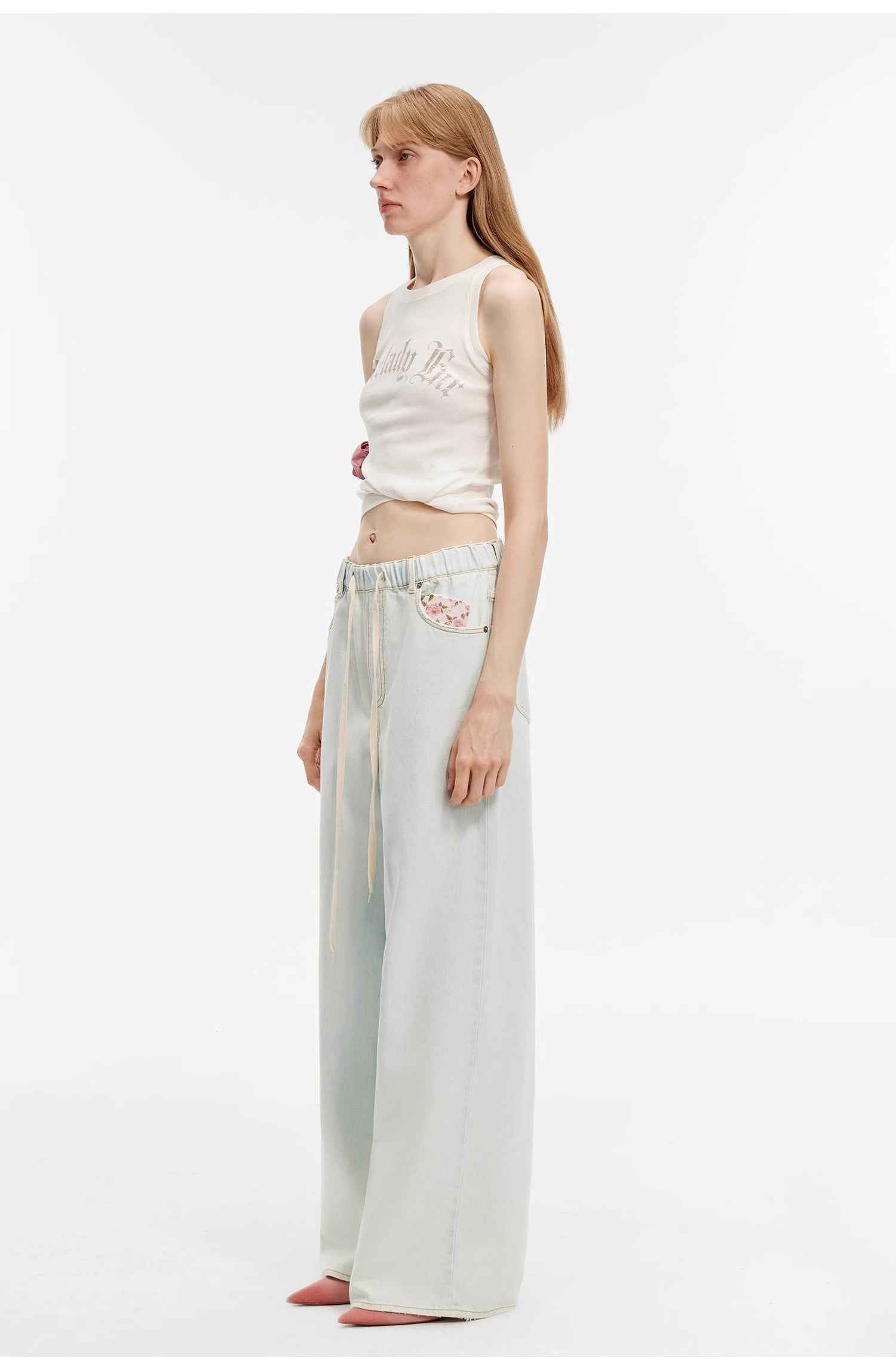"Mint Whisper" Washed Wide-Leg Jeans with Adjustable Drawstring Waist