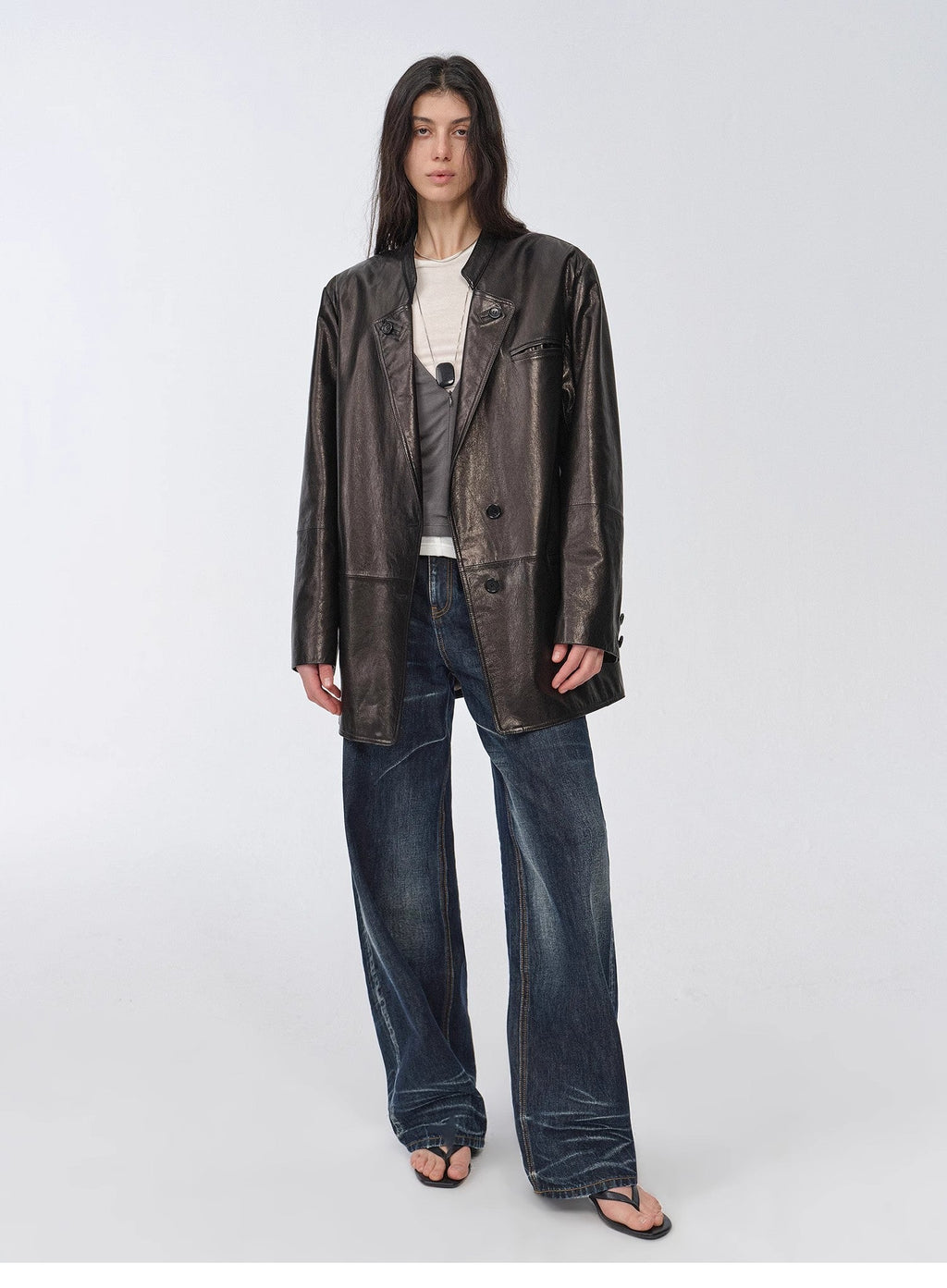 "Bavaria" Vintage Suede & Waxed Goatskin Leather Blazer - Black-Short