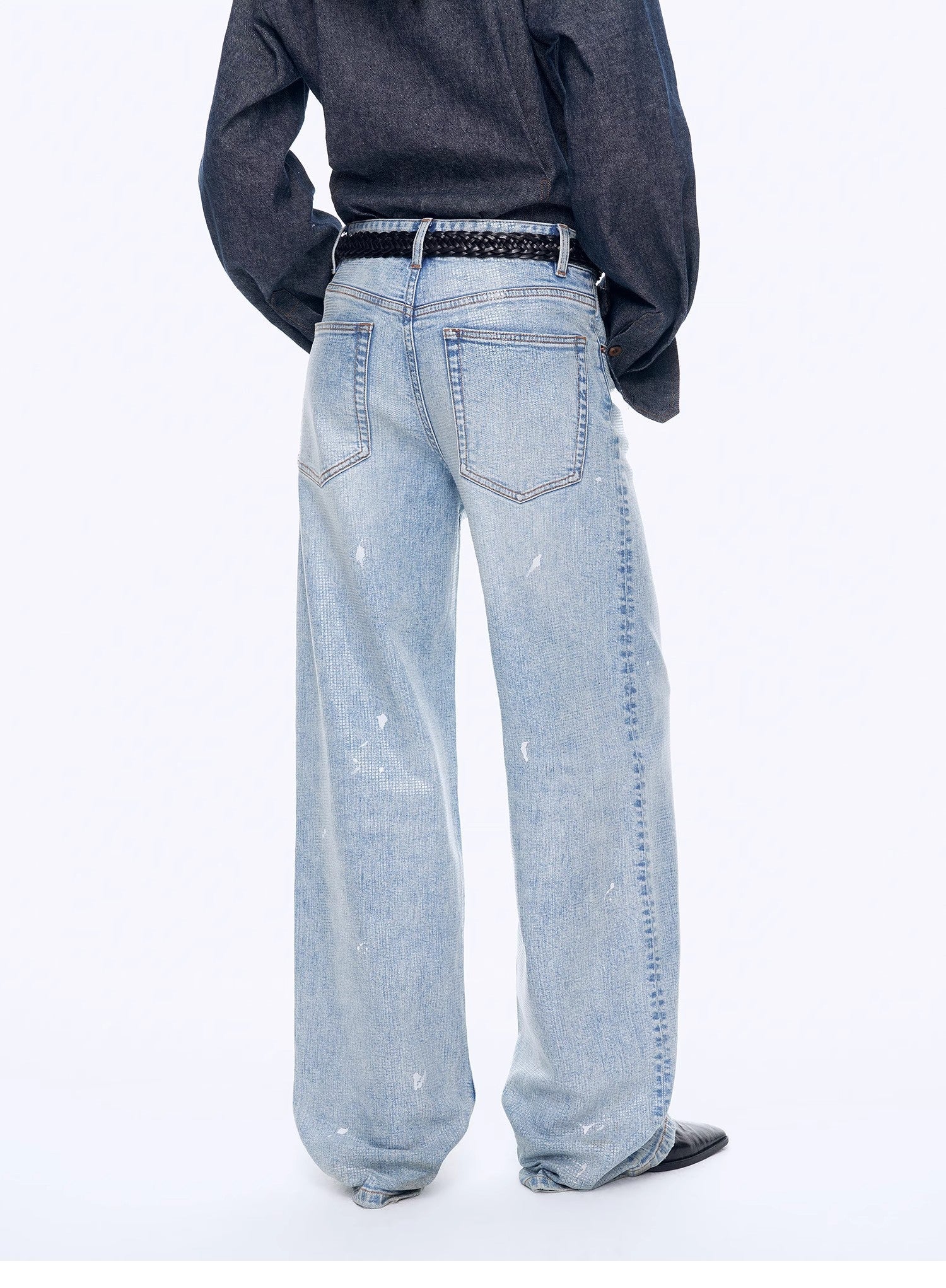 “Art Journey” Distressed Dirty-Dyed Tencel Cotton Jeans with Hot-Fixed Sequins
