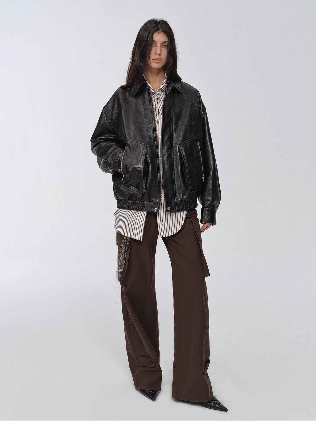 New York International Student Imported Waxed Leather Bomber Jacket
