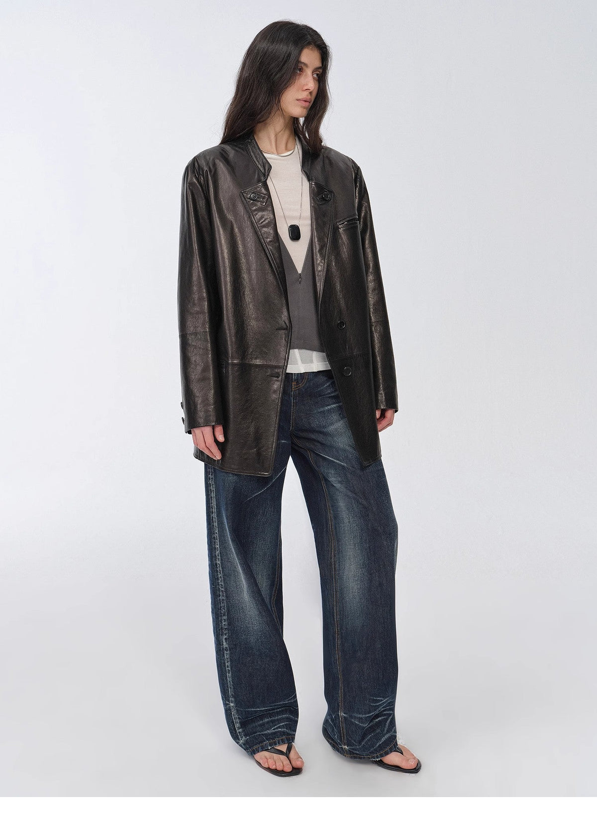 "Bavaria" Vintage Suede & Waxed Goatskin Leather Blazer - Black-Short