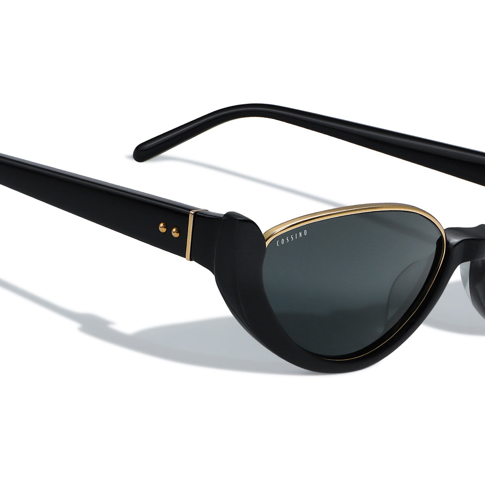 Cossino Monaco Amor Acetate Cat-Eye Sunglasses – Black Frame with Gold Details, UV400 Nylon Lenses