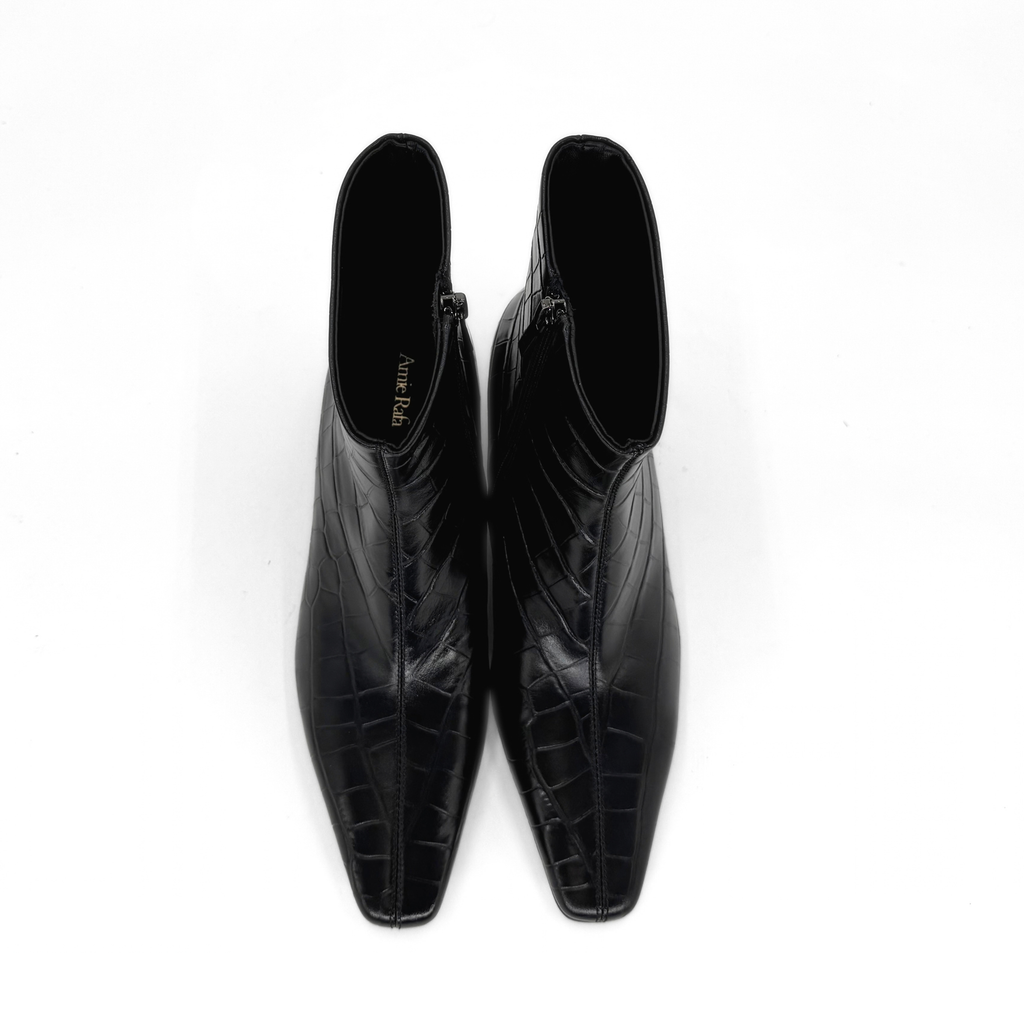 Tess Kitten Heel Booties - Black Croc