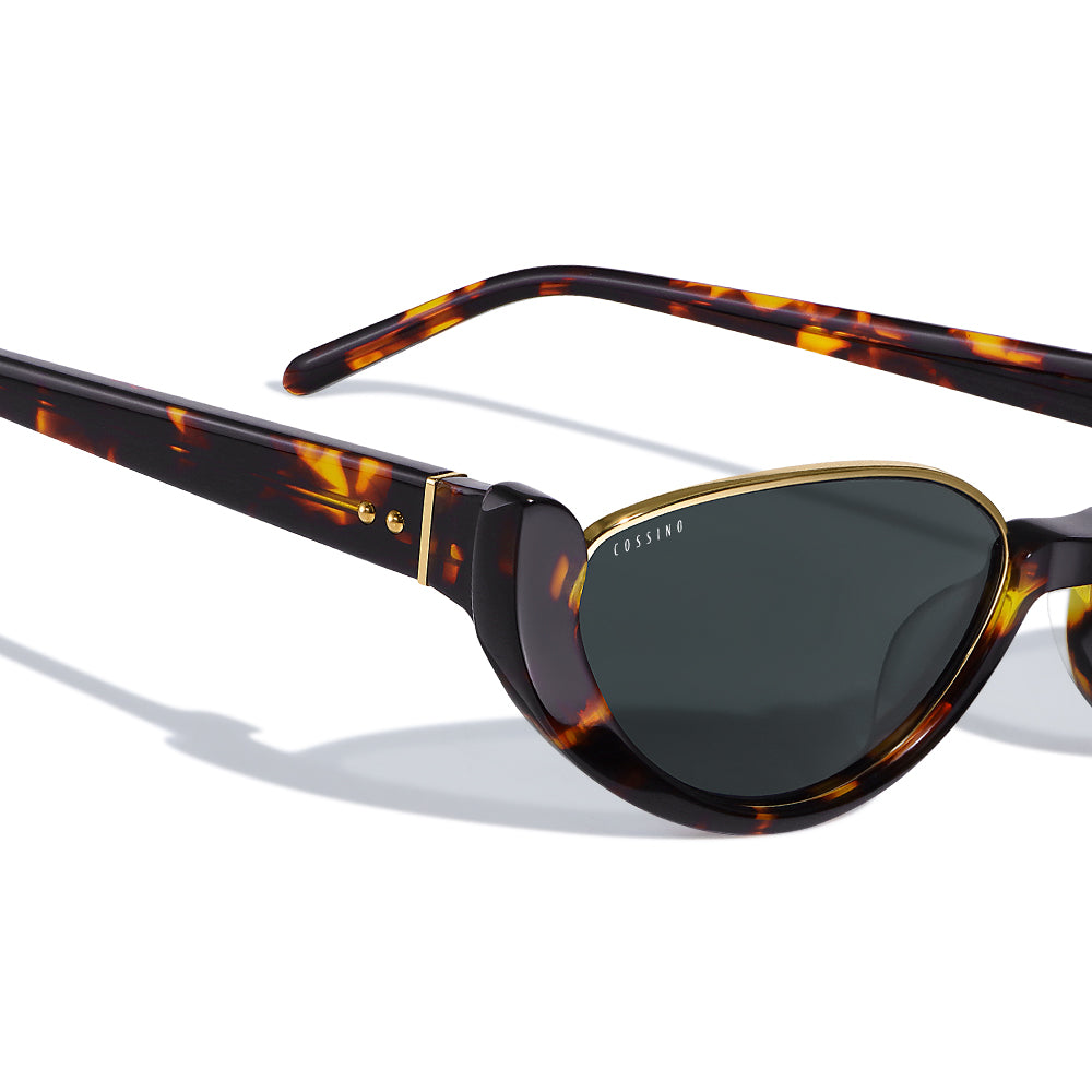 Cossino Monaco Amor Acetate Cat-Eye Sunglasses – Black Frame with Gold Accents, UV400 Italian Mazzucchelli Acetate