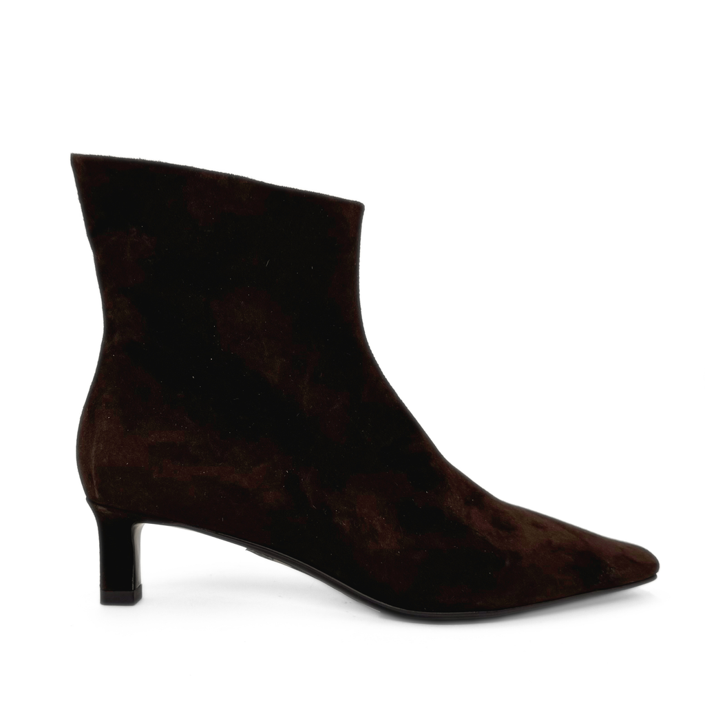 Tess Kitten Heel Booties in brown suede — side view