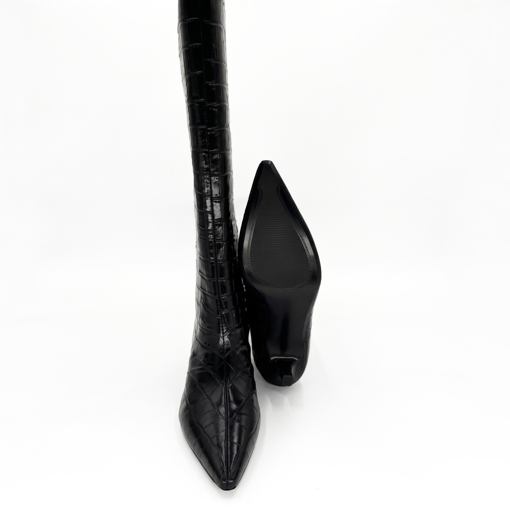 Ari Knee-High Glossed Leather Boots - Black Croc