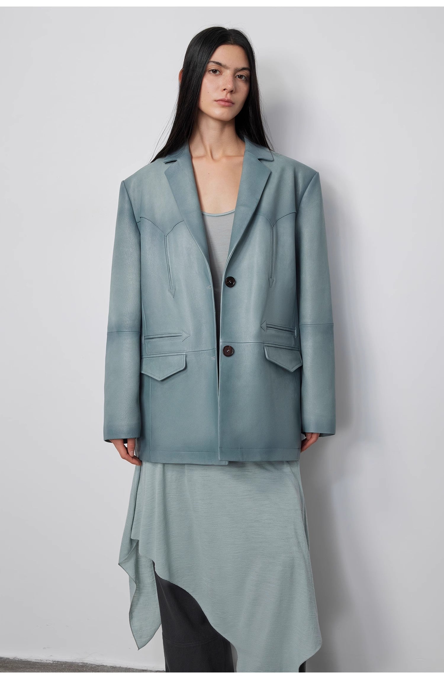 “Nostalgic Denim” Custom-Dyed Washed Goat Leather Blazer for Women and Men