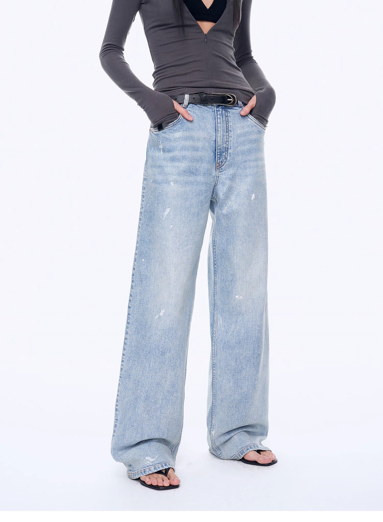 “Art Journey” Distressed Dirty-Dyed Tencel Cotton Jeans with Hot-Fixed Sequins
