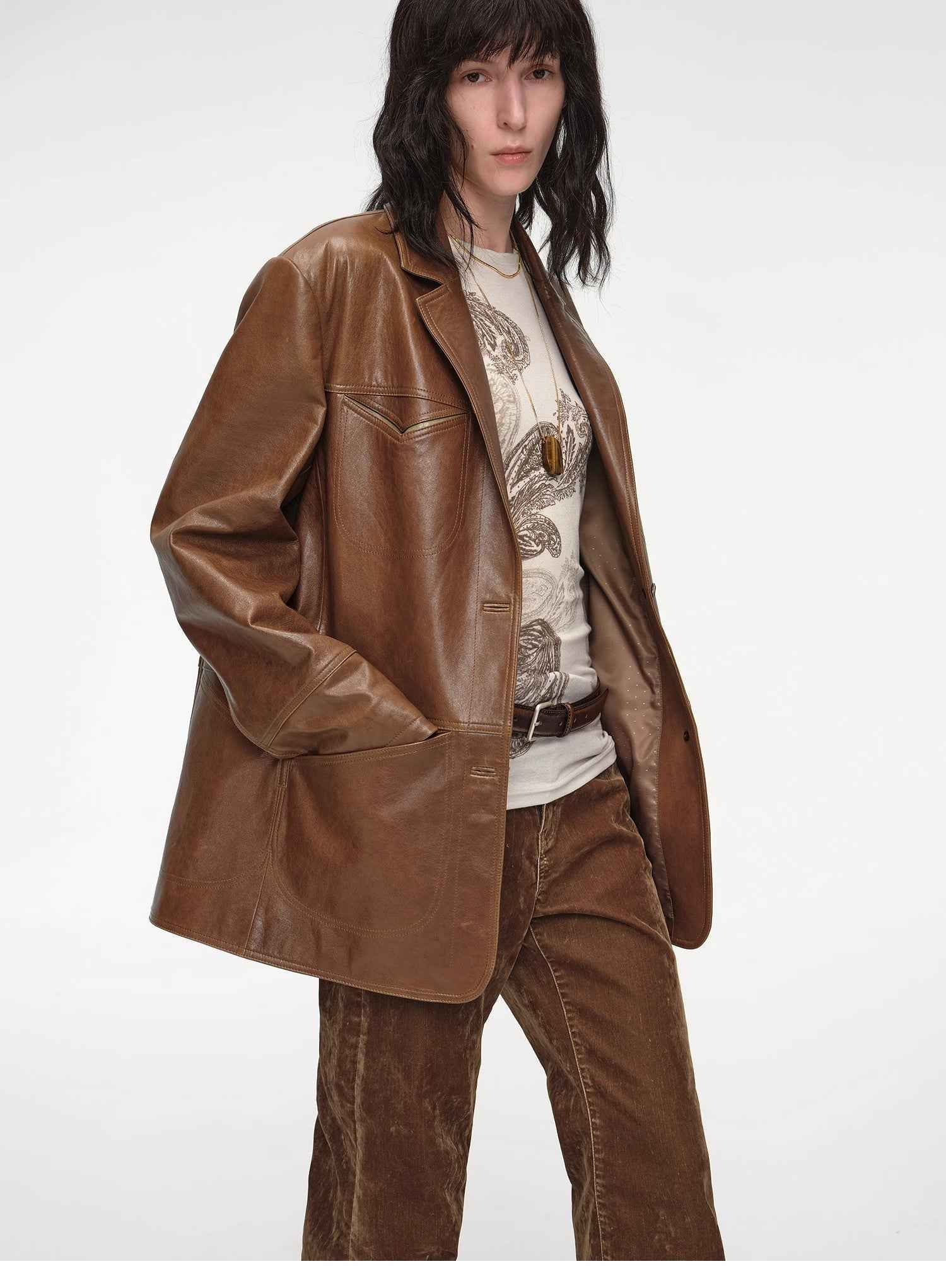 "Windsor Past" Wide-Shoulder Waxed Leather Suit Jacket