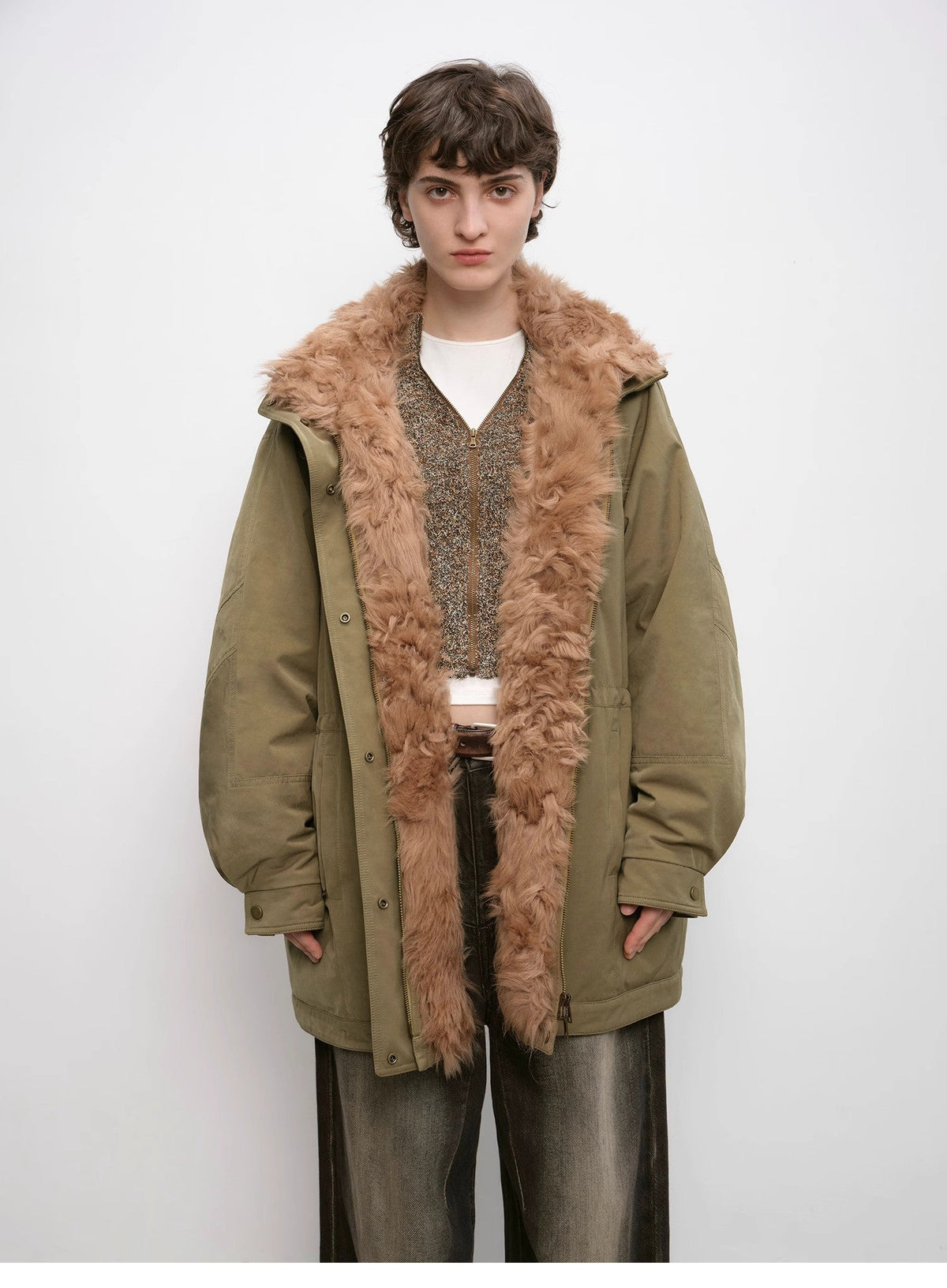 "Amber Pine Forest" Curly Collar 90% Goose Down Mid-Length Parka