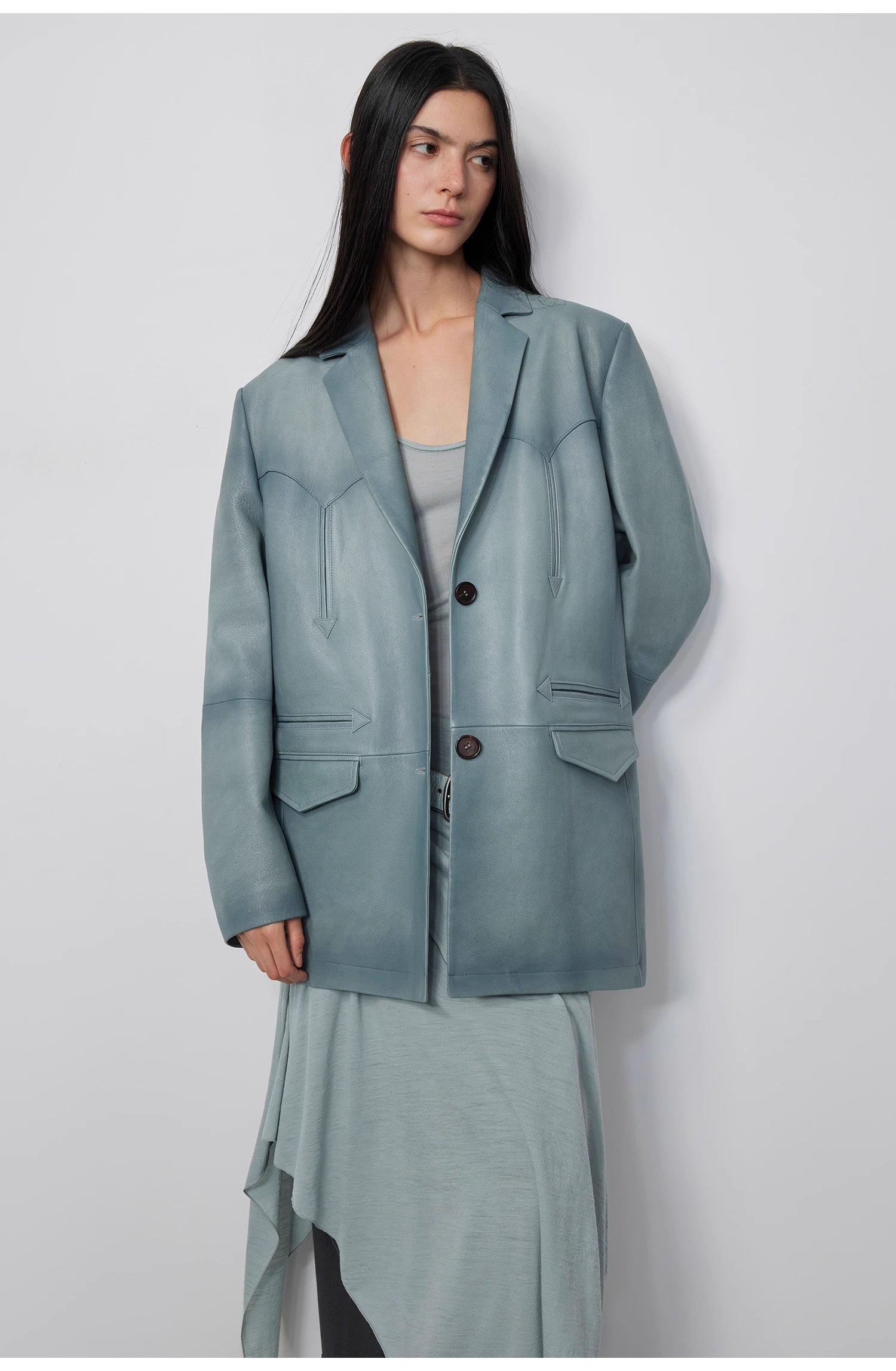 “Nostalgic Denim” Custom-Dyed Washed Goat Leather Blazer for Women and Men