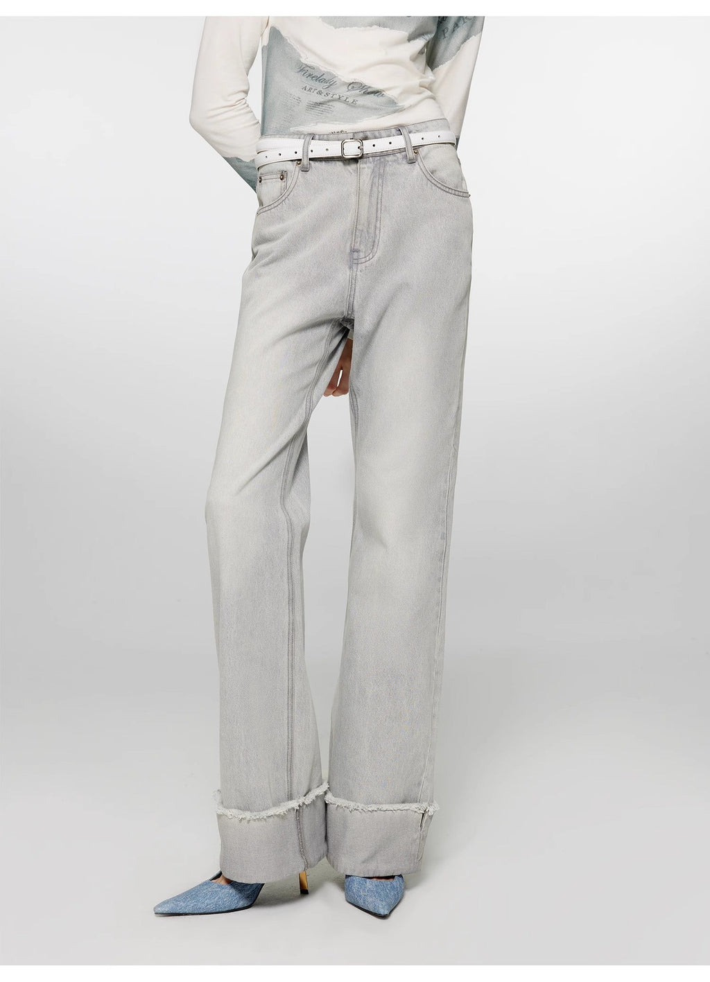 "Blues Time" Retro Washed Distressed Flared Cuffed Jeans