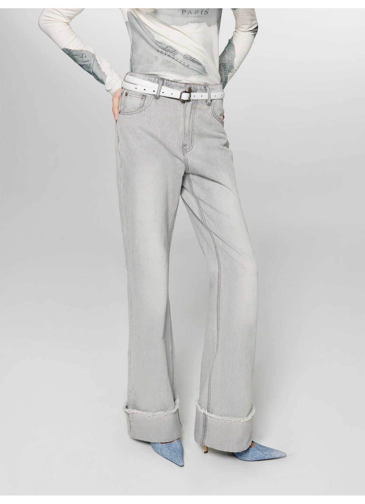 "Blues Time" Retro Washed Distressed Flared Cuffed Jeans