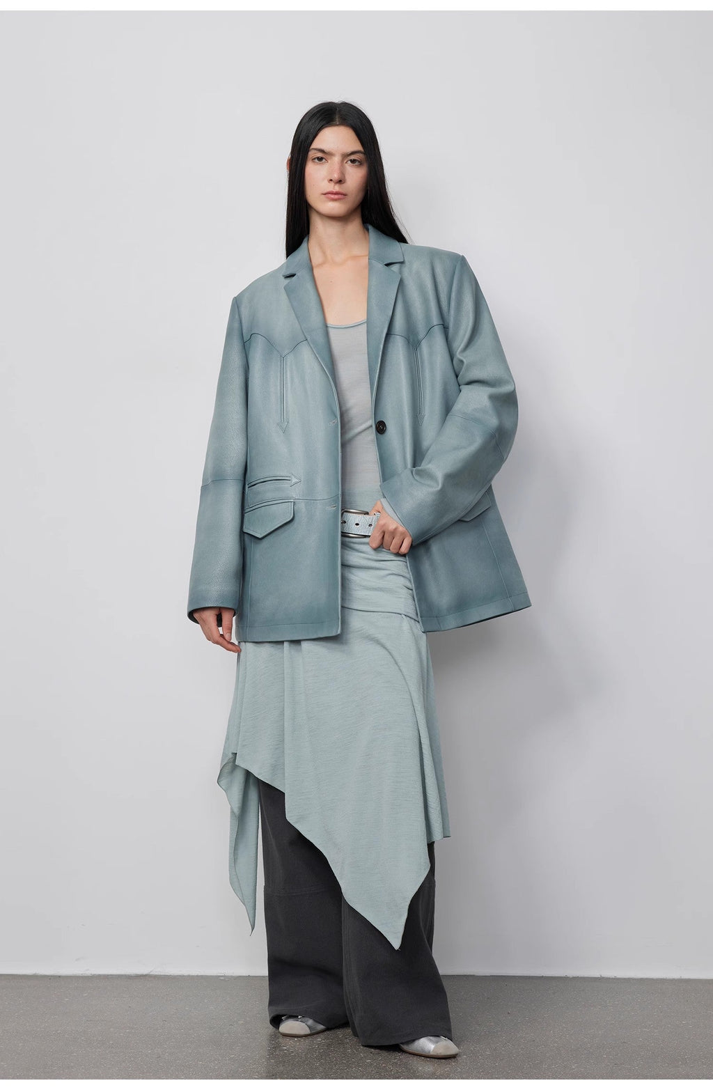 “Nostalgic Denim” Custom-Dyed Washed Goat Leather Blazer for Women and Men