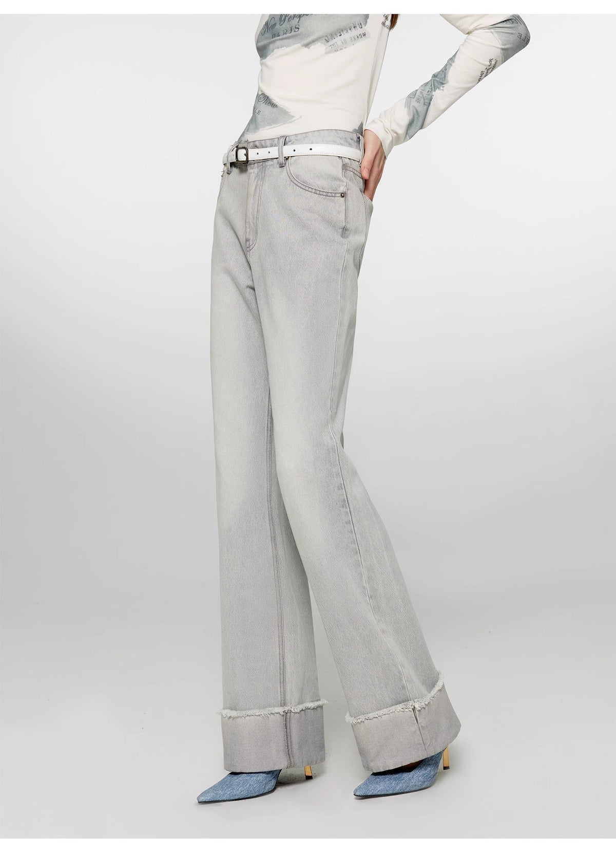"Blues Time" Retro Washed Distressed Flared Cuffed Jeans