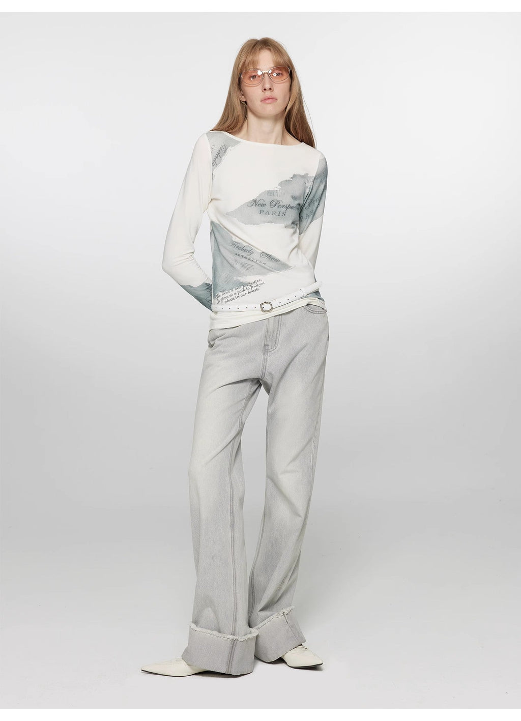 "Blues Time" Retro Washed Distressed Flared Cuffed Jeans