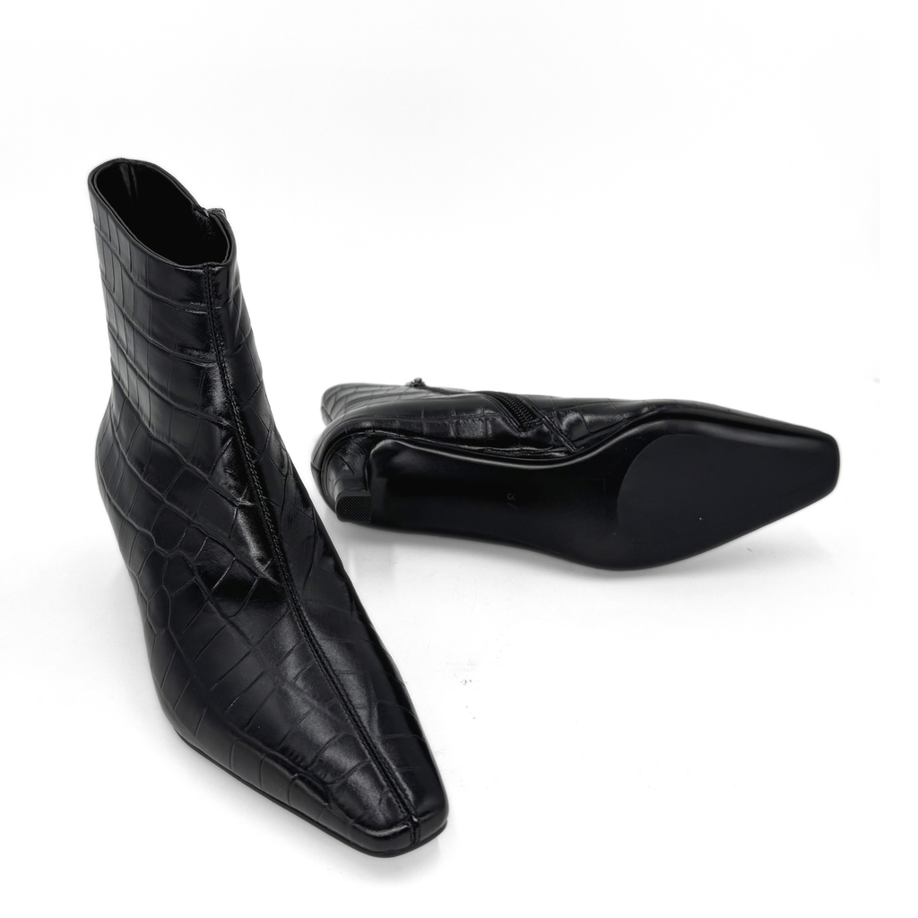 Tess Kitten Heel Booties - Black Croc