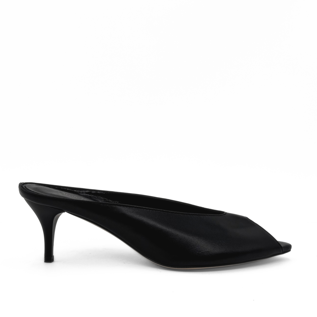 Audrey II Peeptoe Leather Mule in black — side view