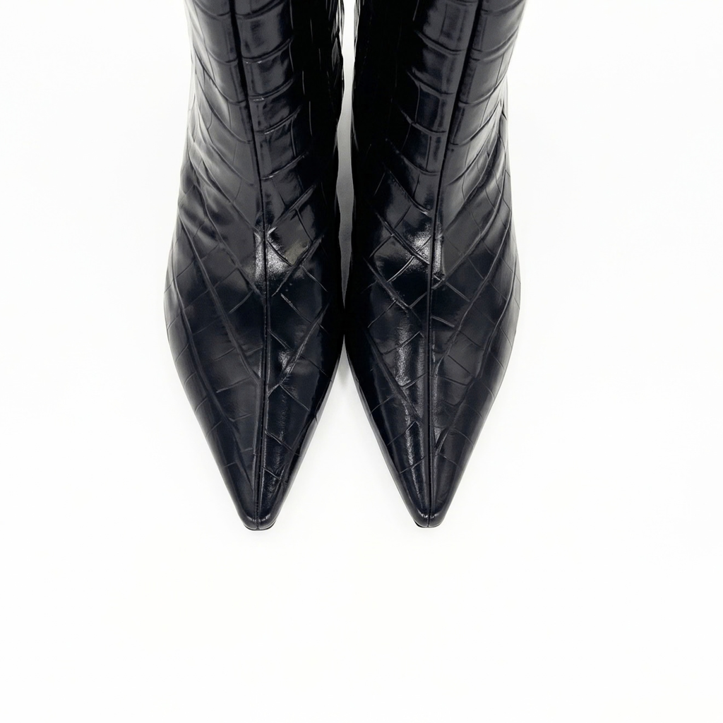 Ari Knee-High Glossed Leather Boots - Black Croc