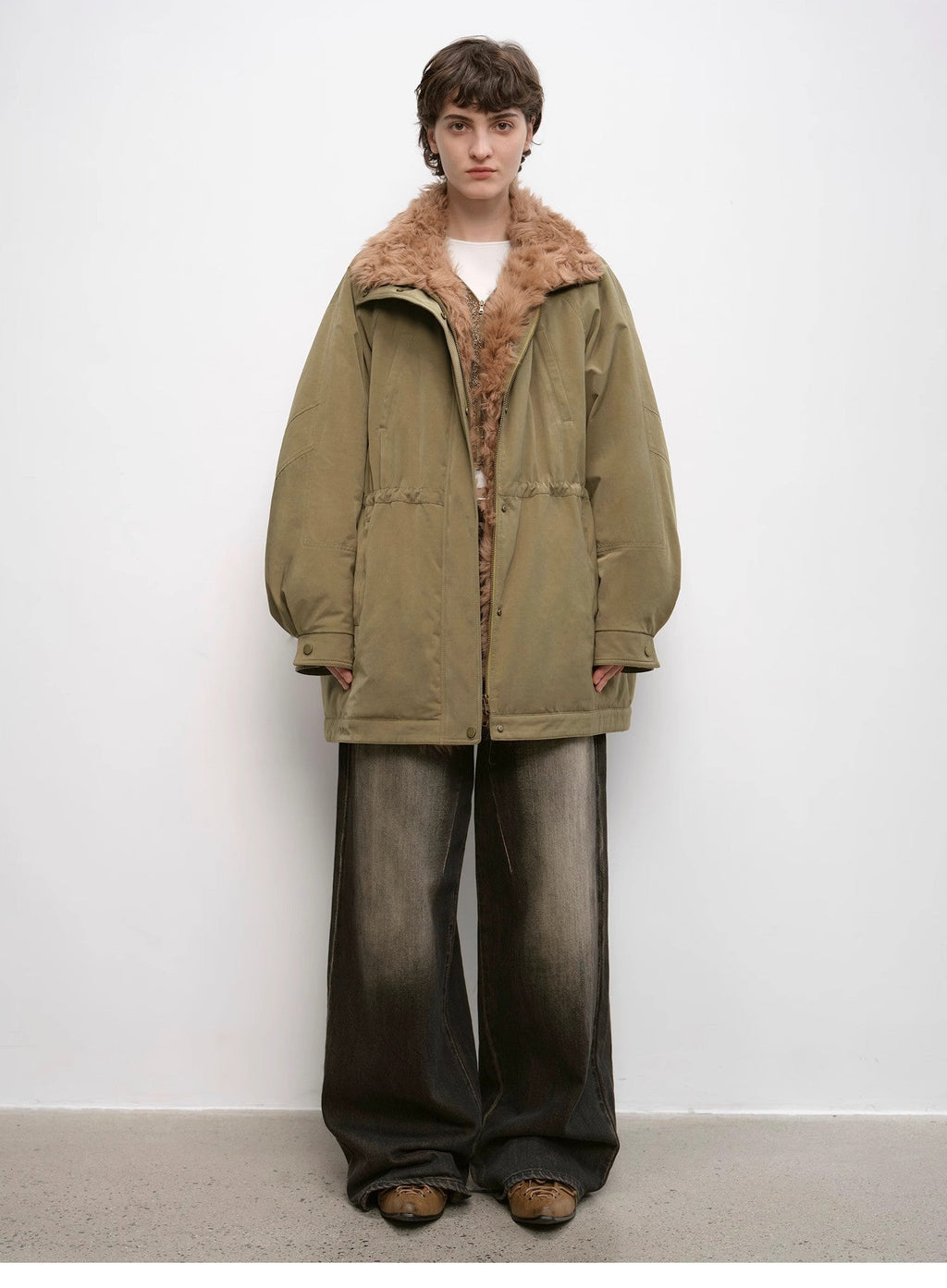 "Amber Pine Forest" Curly Collar 90% Goose Down Mid-Length Parka