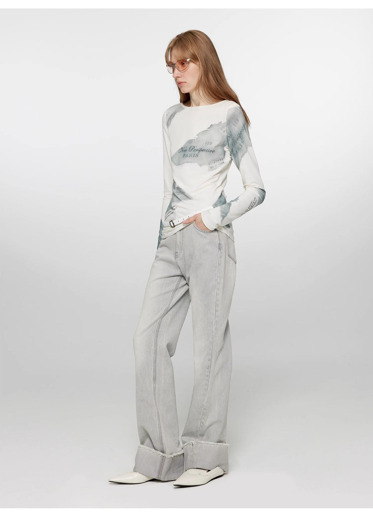 "Blues Time" Retro Washed Distressed Flared Cuffed Jeans