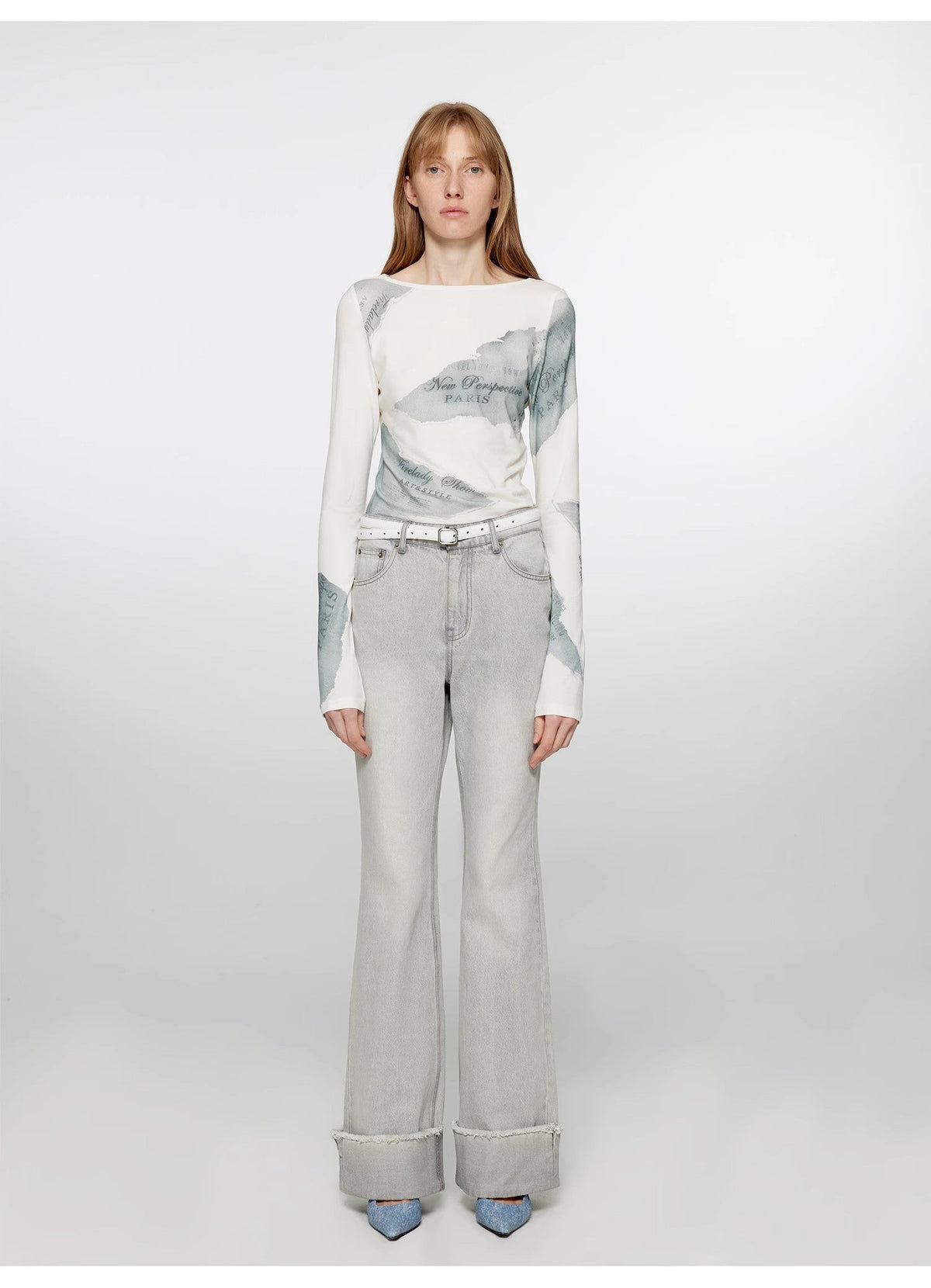 "Blues Time" Retro Washed Distressed Flared Cuffed Jeans