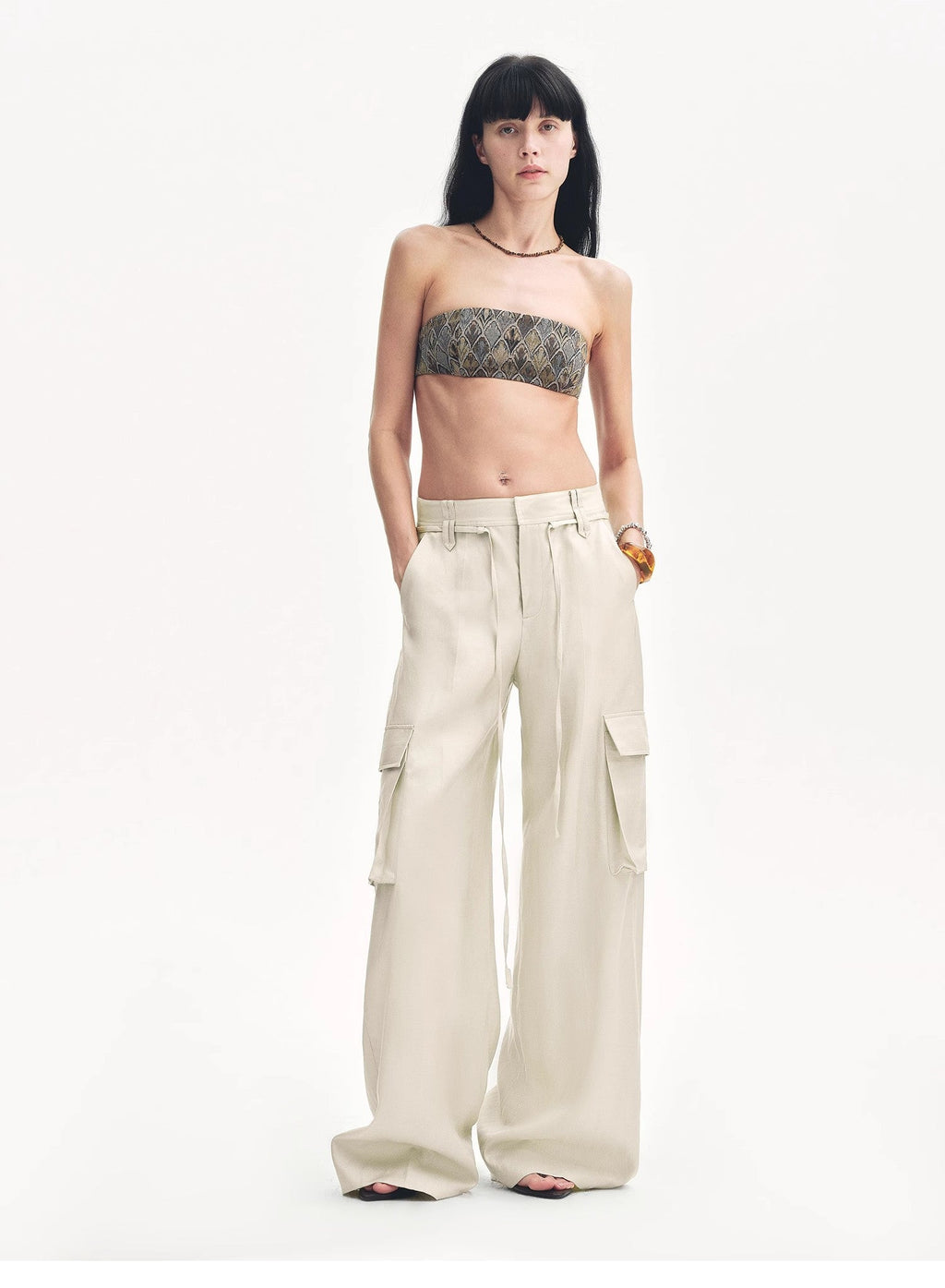 "Rhythm in the Same Frequency" Tencel Linen Wide-Leg Workwear Pants - Khaki