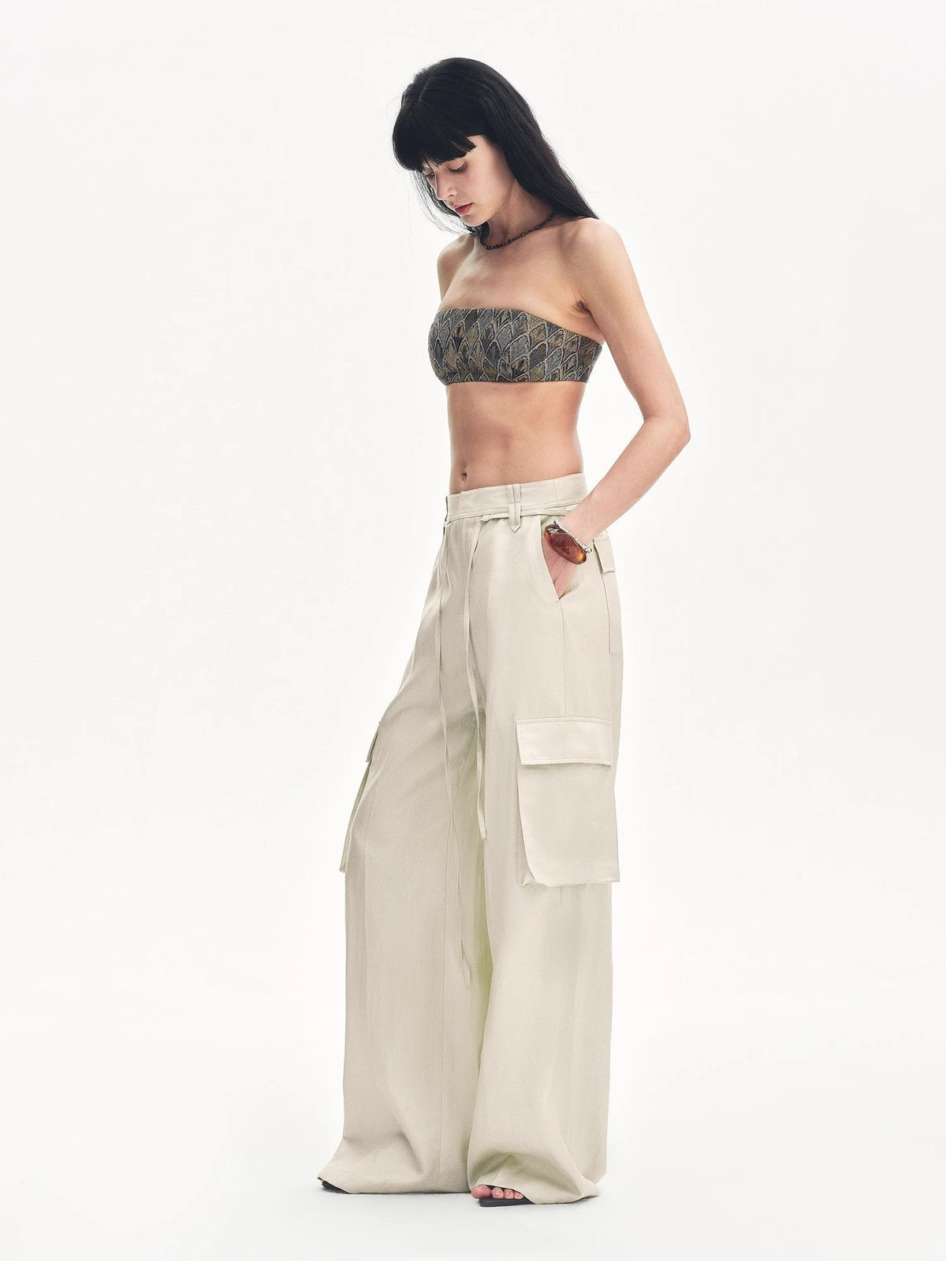 "Rhythm in the Same Frequency" Tencel Linen Wide-Leg Workwear Pants - Khaki