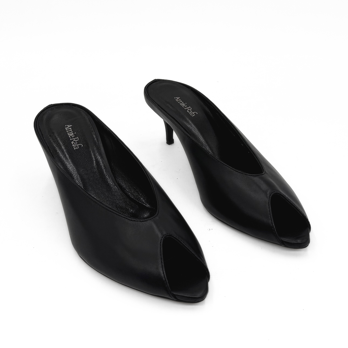 Audrey II Peeptoe Leather Mule in black — pair, angled view