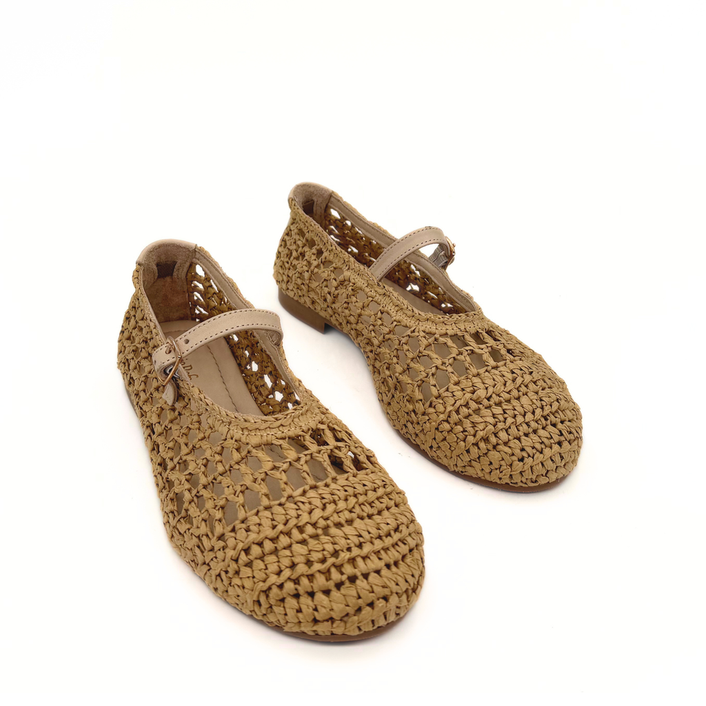Elaina Raffia Mary Janes in beige — pair, angled view