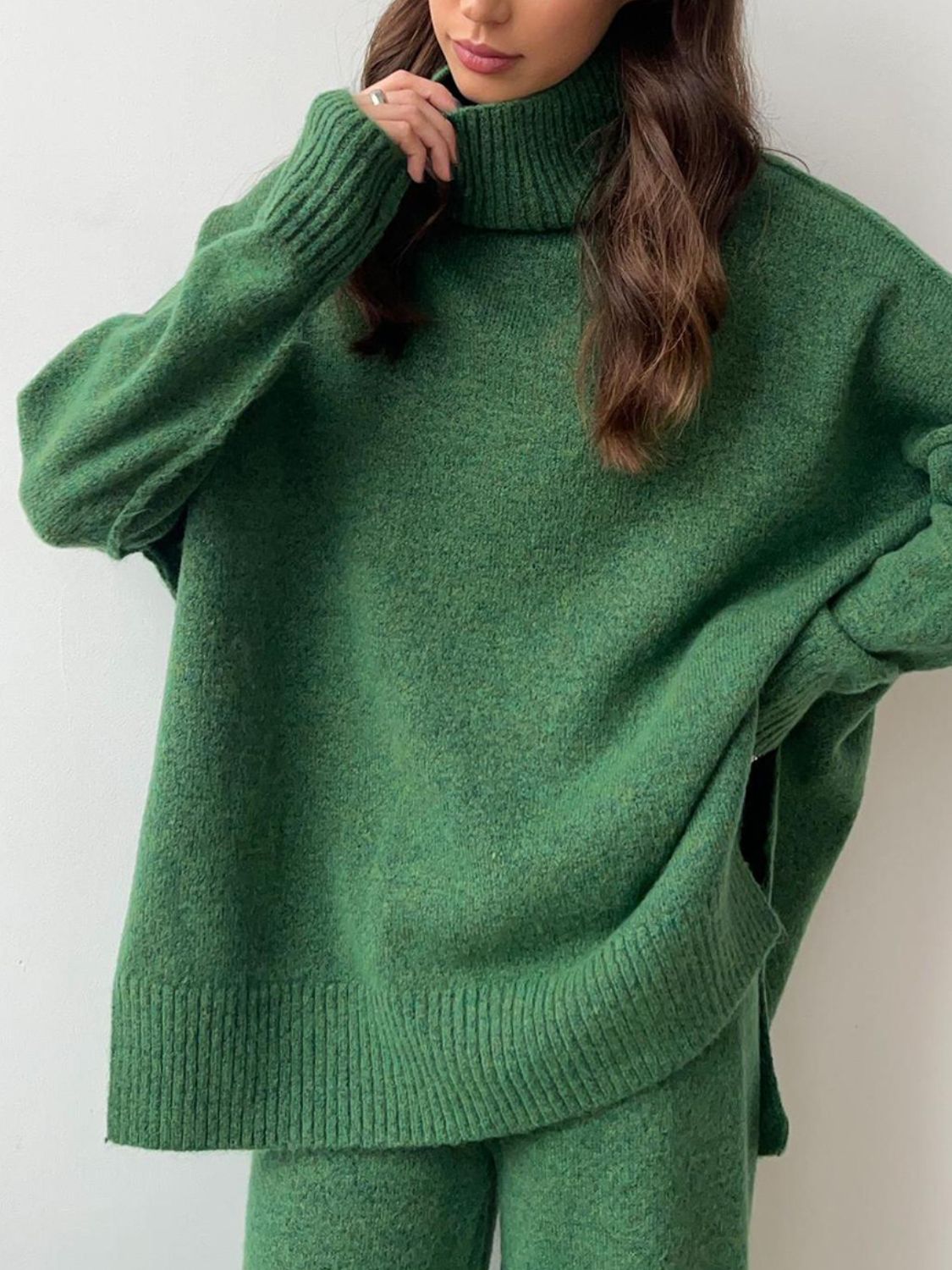 Drak Green Turtleneck Pants Sweater Set
