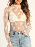 Lace Mock Neck Long Sleeve Blouse in cream