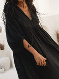 Tie Neck 3/4 Sleeve Midi Dress in black