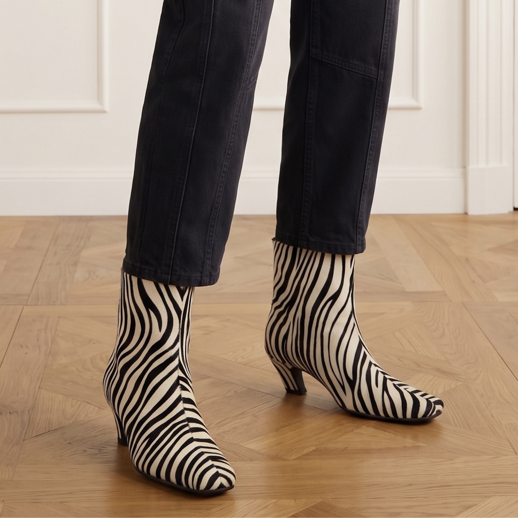 Silvi Zebra Kitten Boot in black & white — styled on model