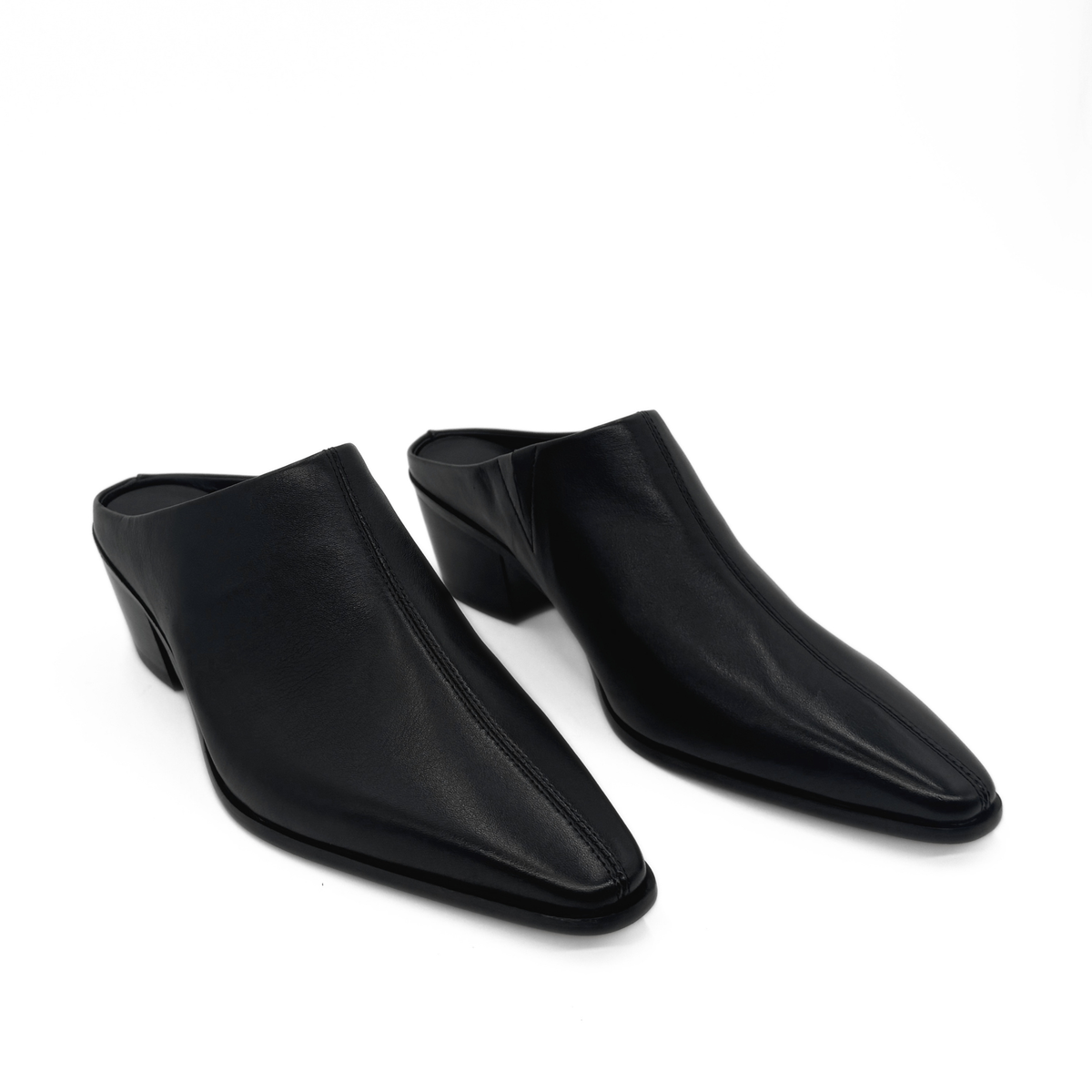 Carla Leather Western Mules in black — pair, angled view