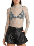 Lace Mock Neck Long Sleeve Blouse in gray