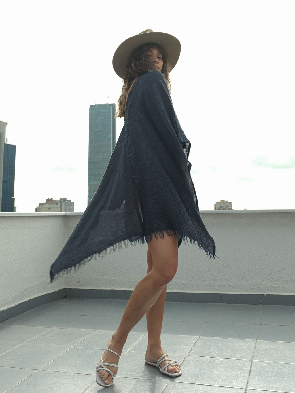 Ava Kimono in Vintage Navy – Hand-Loomed Turkish Cotton Beach Kaftan