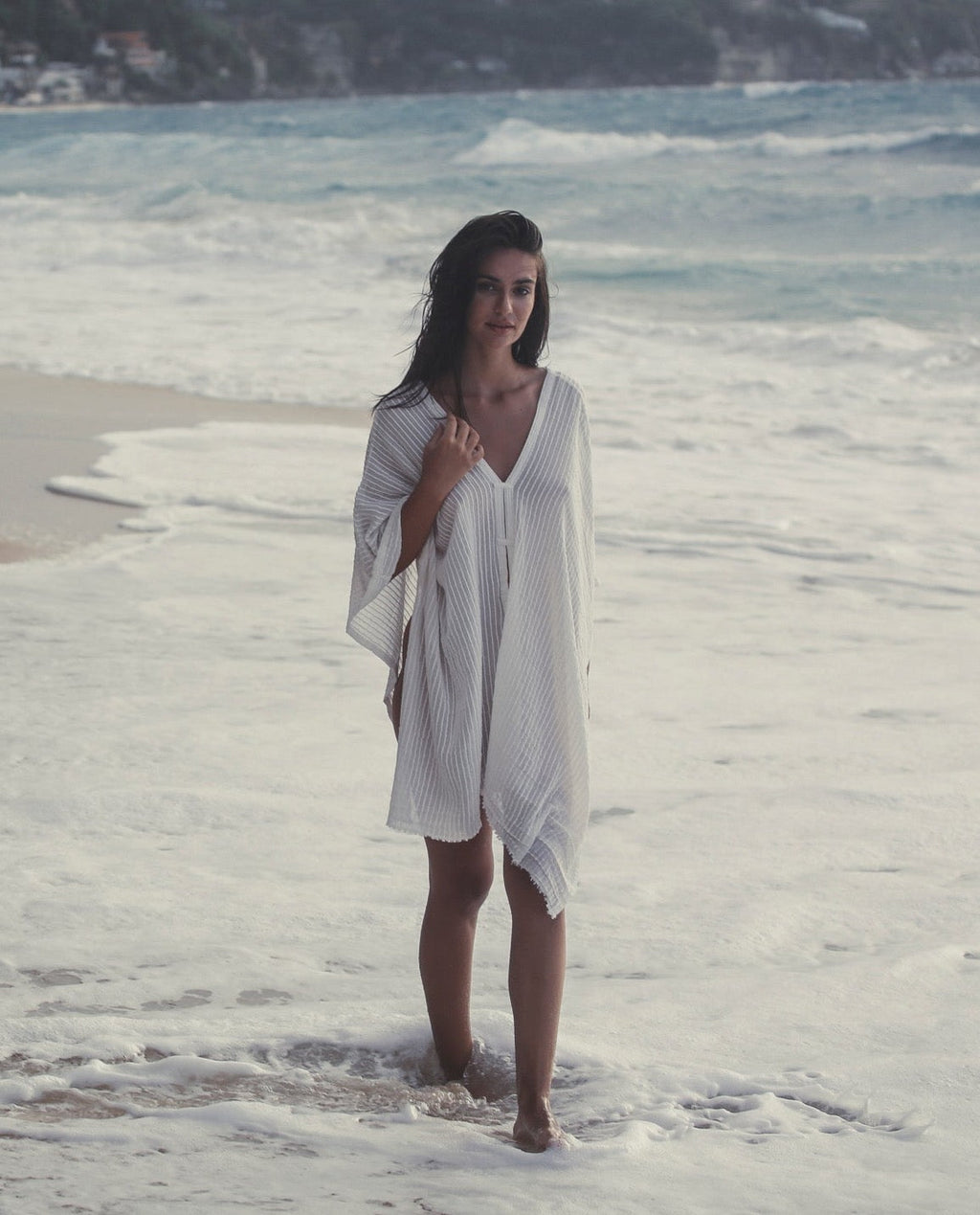 Ava Kimono – White Stripes, Hand-Loomed Turkish Cotton Beach Kaftan