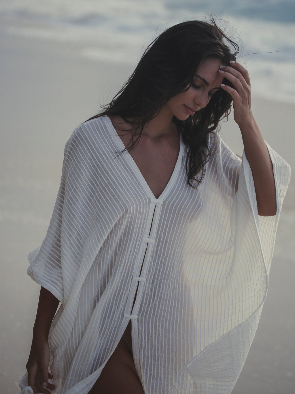 Ava Kimono – White Stripes, Hand-Loomed Turkish Cotton Beach Kaftan