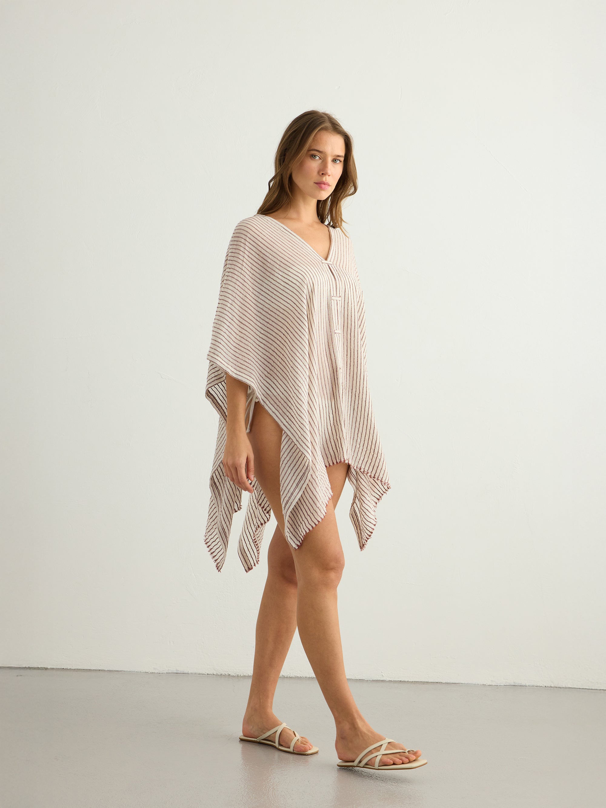 Ava Kimono in Burgundy Stripes – Hand-Loomed Turkish Cotton Beach Kaftan