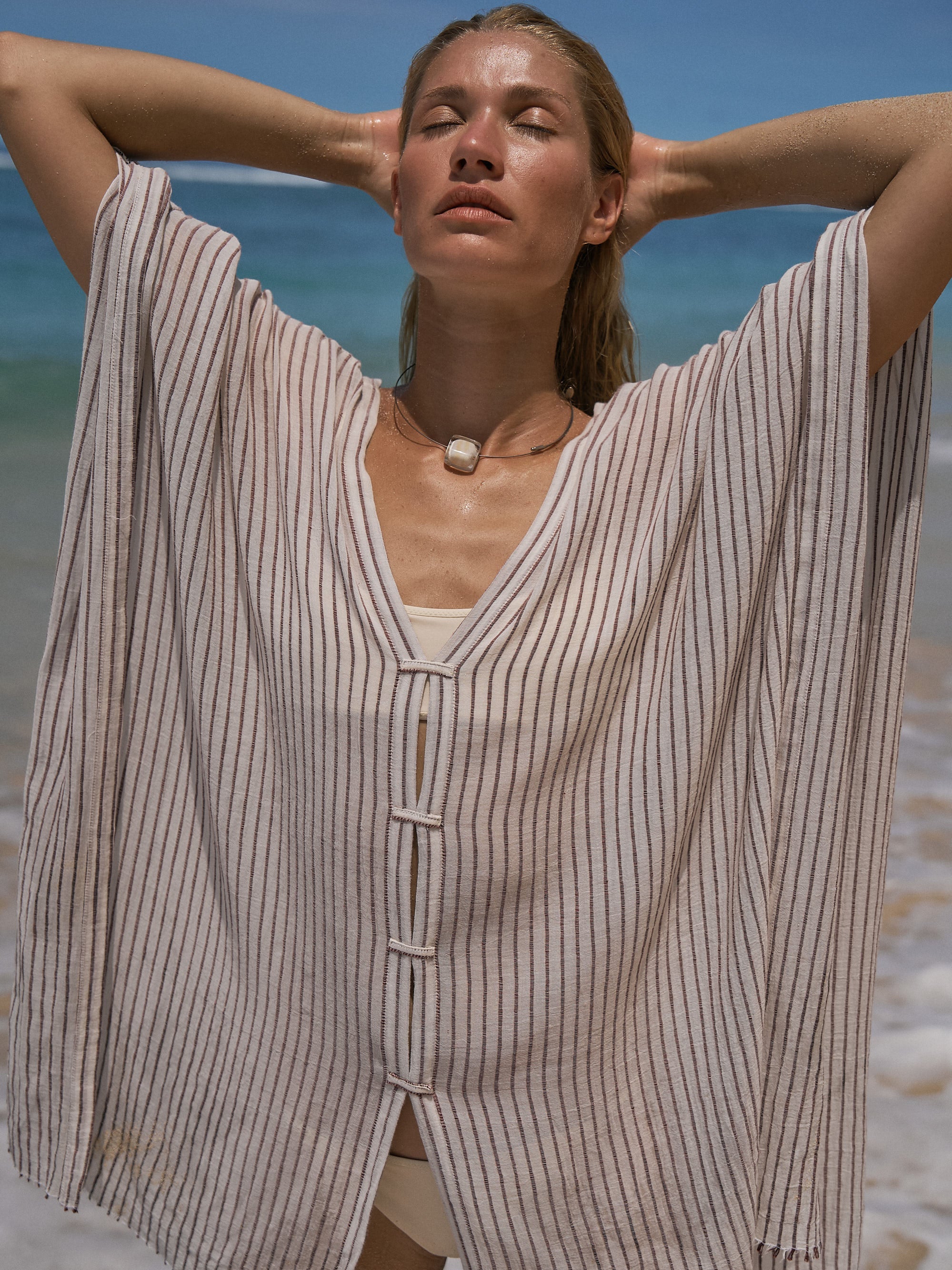 Ava Kimono in Burgundy Stripes – Hand-Loomed Turkish Cotton Beach Kaftan